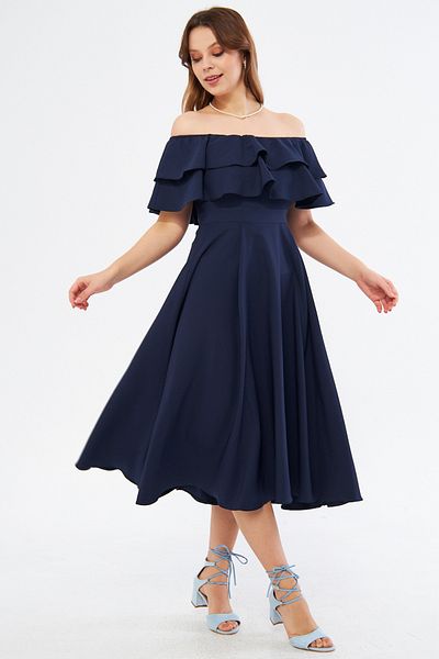NO48 Navy Blue Off Shoulder Karmen Collar Flowy Woven Fabric Flared Midi Length Homecoming & Evening Dress