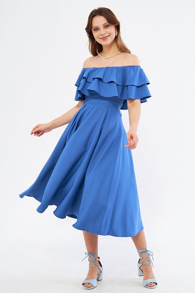 NO48 Τζιν Μπλε Off Shoulder Karmen γιακά με ντραπέ υφασμάτινο ύφασμα Flared Midi μήκους Φόρεμα επιστροφής στο σπίτι & βραδινό φόρεμα