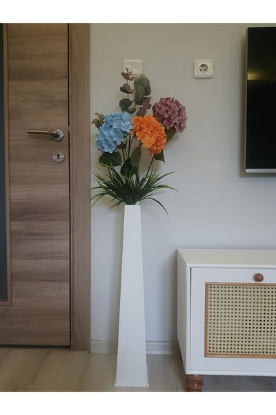 Ekinokshome 70 cm White Wooden Decorative Vase - Flower and Pampas Design