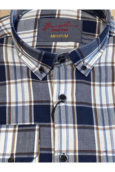 Brothers Ανδρικό πουκάμισο με μακρύ μανίκι Comfort Fit (Wide Cut) καρό 100% βαμβακερό Navy Blue