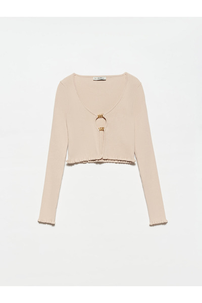 Dilvin 60134 U Yaka Önü Aksesuarlı Triko Hırka-açık Bej