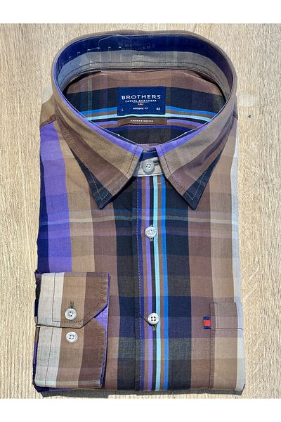 Brothers Ανδρικό πουκάμισο με μακρύ μανίκι Comfort Fit (Wide Cut) καρό 100% βαμβακερό καφέ