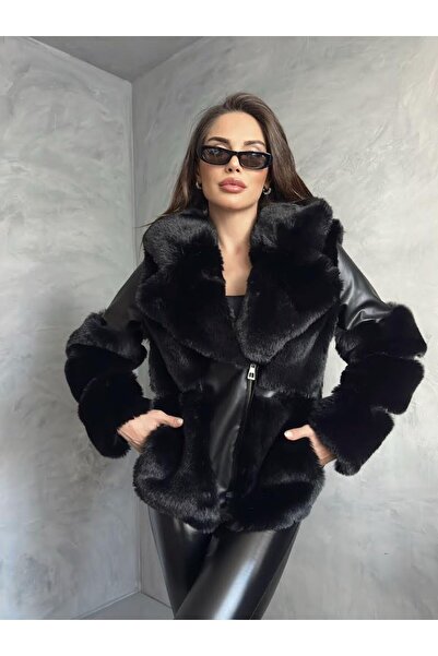 ByRanaBuyuk siyah deri kapşonlu kürk kaban