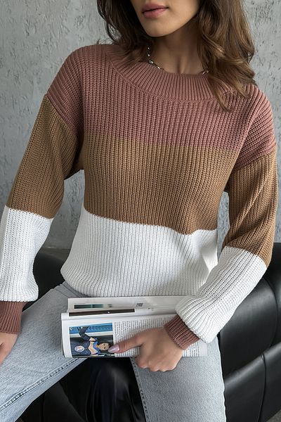 nosia fashion Дамски трикотажен пуловер с дълги ръкави и деколте с блокирани цветове