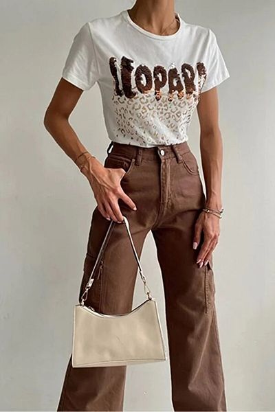 Trn JNS Juliette Γυναικεία Lycra Brown Super High Waist Πίσω Μοντέλο Cargo Jeans χωρίς τσέπη