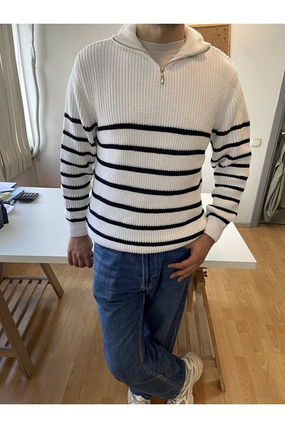 COOL TARZ White-Black Men's Regular Zippered Fishing Knitwear Sweater
