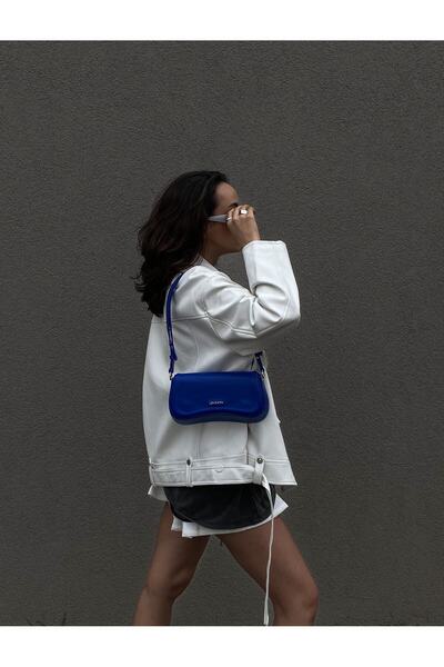 LOVENTA Baguette Bag with Adjustable Leather Strap Hera Saks Blue