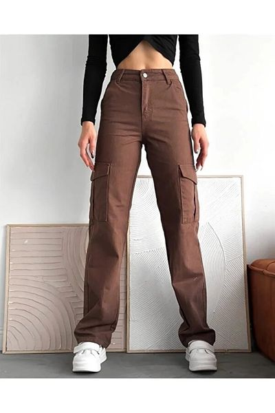 Trn JNS Patrice Brown Super High Waist Γυναικεία Lycra Πίσω Μοντέλο Cargo Jeans χωρίς τσέπη