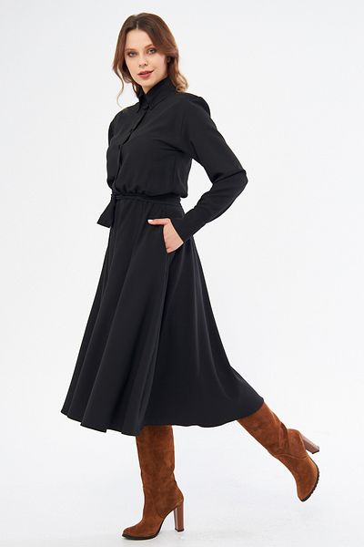 NO48 Rochie cămașă neagră cu mânecă lungă, cu nasturi, cu centură elastică, țesătură fluidă