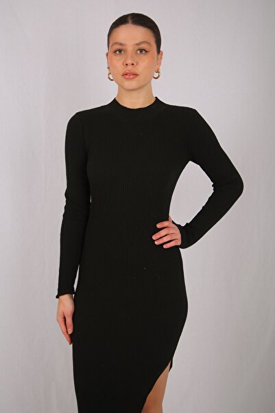 Cilve Giyim Kadın Siyah Triko Yırtmaçlı Elbise