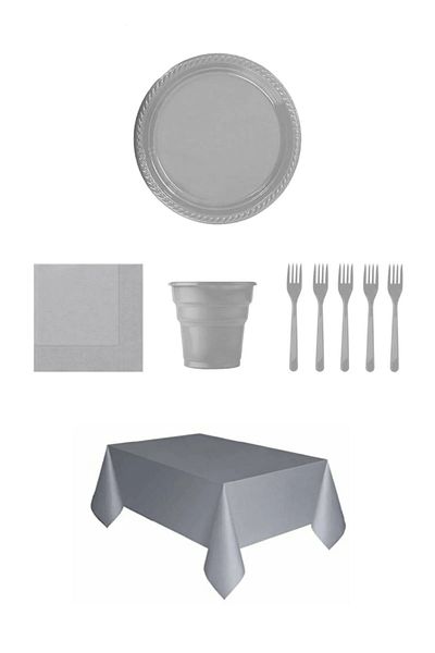 Party Fantasy Silver Color Plastic Plate, Cup, Fork, Napkin and Disposable Tablecloth Set