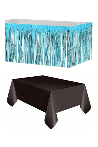 Party Fantasy Plastic Black Tablecloth - Blue Metalized Table Skirt with Tassel