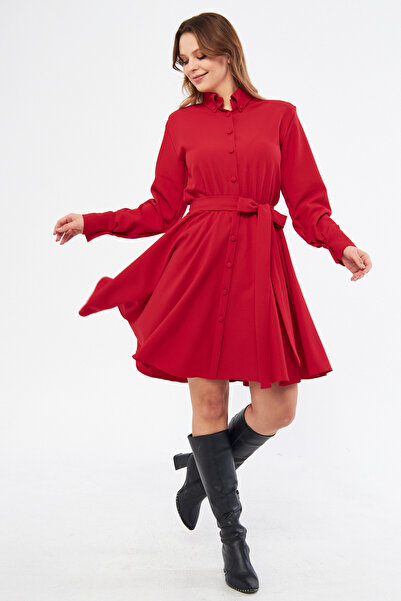 NO48 Κόκκινο μακρυμάνικο κουμπιά ελαστική μέση με ζώνη υφαντό ντραπέ ύφασμα μ...