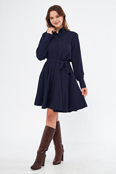 NO48 Φόρεμα πουκάμισο με μακρυμάνικο μπλε ναυτικό με ελαστική ζώνη με υφαντό ...