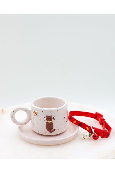 Özce Art Ceramic Atelier Cat Series Cat Patterned Gold Detailed Handmade 100 ml Turkish Coffee Cup and Saucer