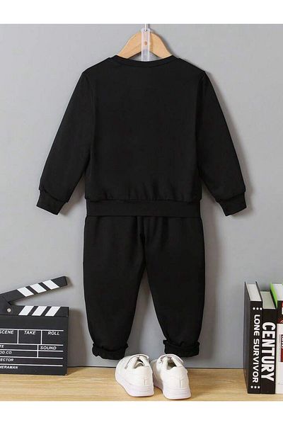 AMMA Children's Black Printed Sweatsirt Crew Neck Winter 3 Thread Bottom Top Tracksuit Set