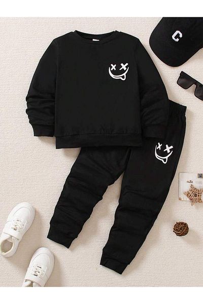 AMMA Children's Black Printed Sweatsirt Crew Neck Winter 3 Thread Bottom Top Tracksuit Set