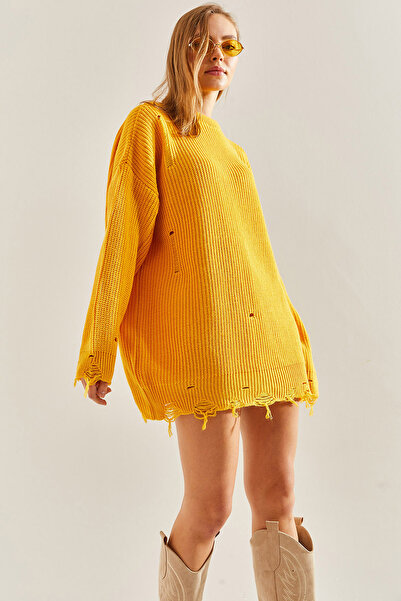 Bianco Lucci Women's Thessaloniki Knit Openwork Detailed Oversize Knitwear Sweater