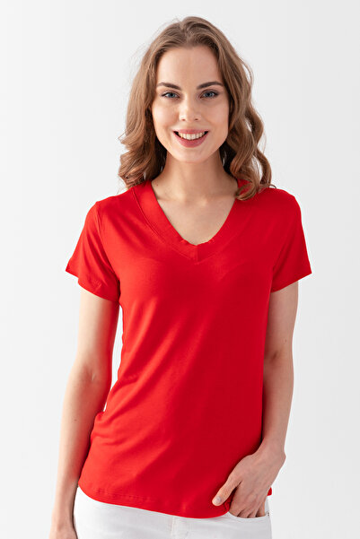 EtkiModa Γυναικείο μπλουζάκι από βισκόζη με λαιμόκοψη σε κόκκινο χρώμα