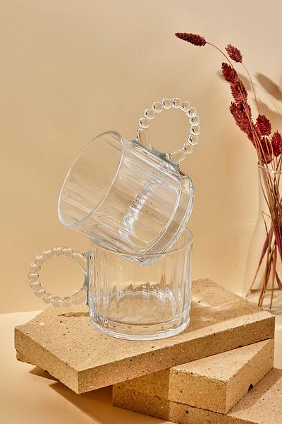 LOVE in KITCHEN Set of 2 325 ml Glass Mug Beaded Handled Glass Mug