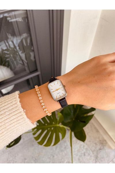 LOOKUP NEW Unisex Women Men Minimal Vintage Rose Black Square Rectangle Leather New Season Wristwatch