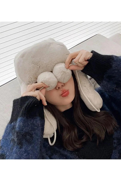 mrcans Beige Plush Eared Pompom Beret Pilot Hat