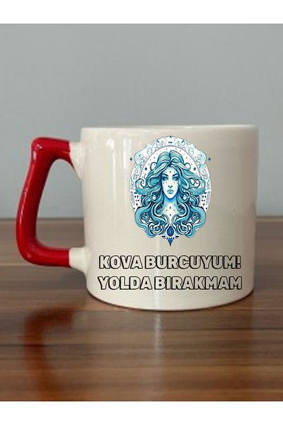 lili hediyelik Aquarius Red Handle Mug Cup - Ceramic Tea, Coffee Gift Cup