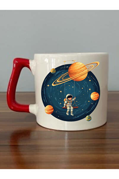 lili hediyelik كوب زحل وكواكب بمقبض أحمر - كوب هدية من السيراميك للشاي والقهوة