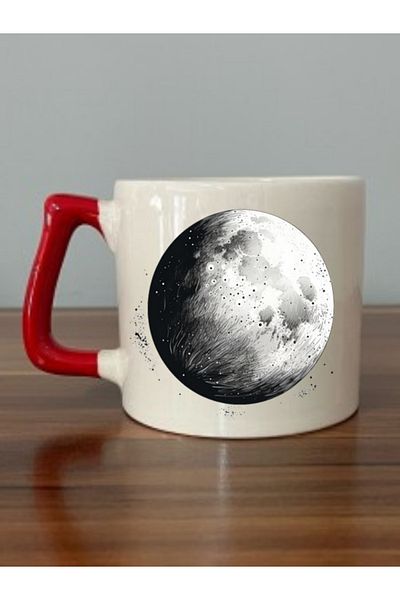 lili hediyelik Full Moon Visual Red Handled Mug Cup - Ceramic Tea, Coffee Gift Cup