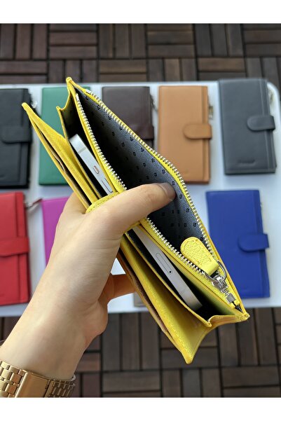 DERKON Noby Model Genuine Leather Yellow Wallet with Phone Compartment
