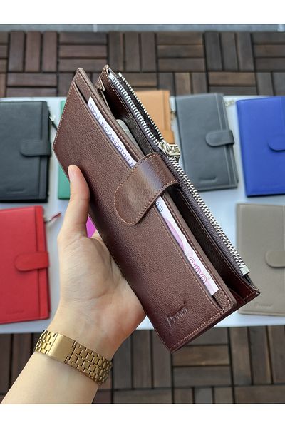 DERKON Noby Model Genuine Leather Brown Wallet with Phone Compartment