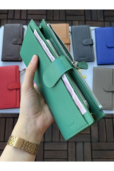 DERKON Noby Model Genuine Leather Green Wallet with Phone Compartment