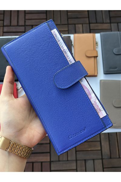 DERKON Noby Model Genuine Leather Saks Blue Wallet with Phone Compartment