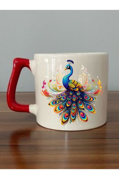 lili hediyelik Peacock Red Handle Mug Cup Ceramic Mug - Ceramic Tea, Coffee Gift Cup