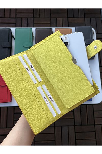 DERKON Noby Model Genuine Leather Yellow Wallet with Phone Compartment