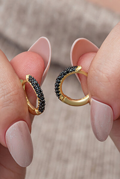 Nereze 925 Ayar Gümüş Gold Kaplama Siyah Taşlı 15 mm Halka Küpe