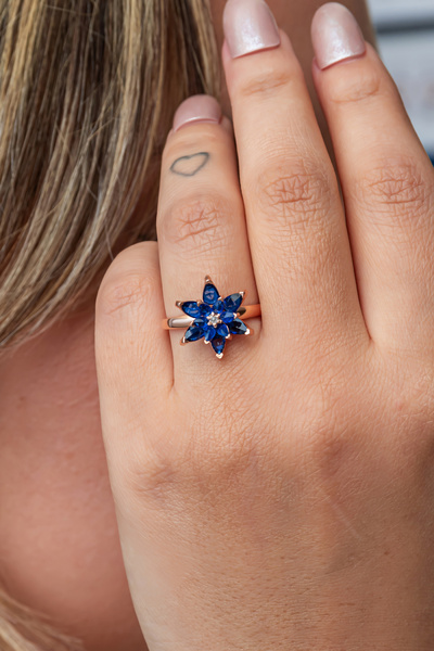 Nereze 925 Ayar Gümüş Ayarlanabilir Rose Kaplama Mavi Lotus Çiçeği Yüzük