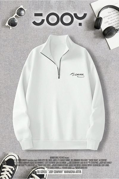 Jooy Company Half Zipper Atatürk Signature Printed White Sweatshirt