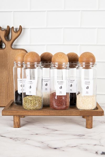 DNS HOME 6-Piece Glass Spice Rack Set with Wooden Ball Lid Storage Container with Wooden Stand Spice Rack with Label 500 ml