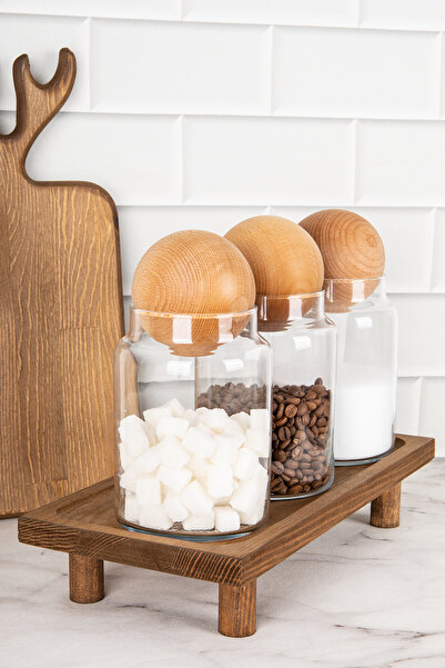 DNS HOME 3-Piece Wooden Ball Lid Glass Storage Container and Wooden Stand Standing Jar Set Spice Jar Set 800ml