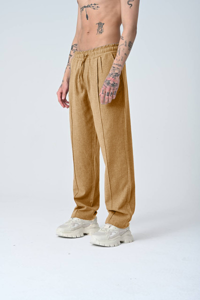 İMVAGO Koyu Krem Baggy Pileli Keten Pantolon