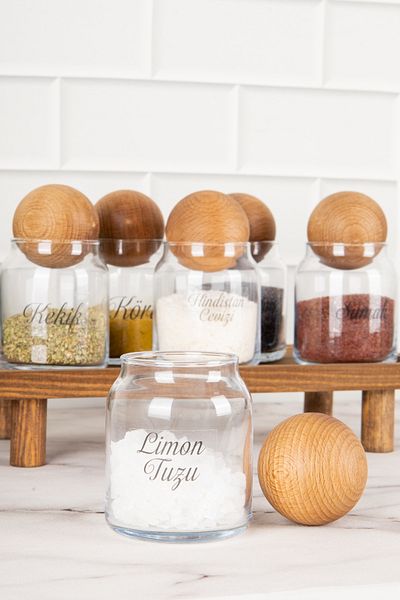 DNS HOME 6-Piece Glass Spice Rack Set with Wooden Ball Lid and Labeled Jar Set with Wooden Stand Storage Container 300ml