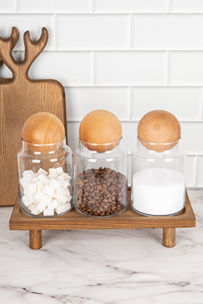 DNS HOME 3-Piece Wooden Ball Lid Glass Storage Container and Wooden Stand Standing Jar Set Spice Jar Set 800ml