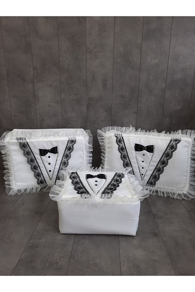 Teksev Bow Tie Patterned Black and White Dowry 3-Piece Purse Set, Wedding, Engagement, Promise, Bundle, Bride, Groom, Purse