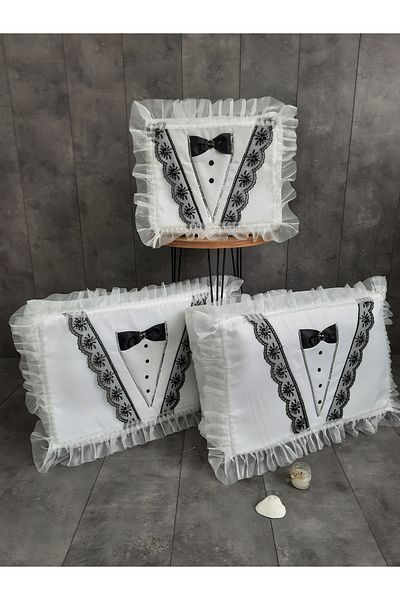 Teksev Bow Tie Patterned Black and White Dowry 3-Piece Purse Set, Wedding, Engagement, Promise, Bundle, Bride, Groom, Purse