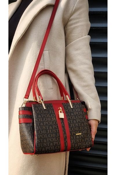 Just Polo Justpolo Women's Brown Red Lock Accessory 4 Compartment Hand and Shoulder Bag
