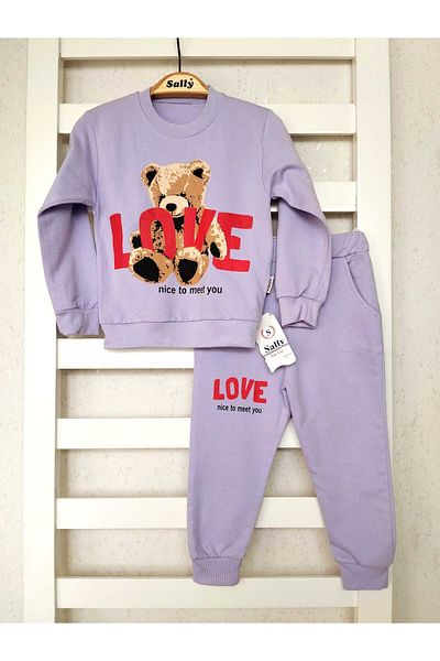 sally baby 2 Thread Seasonal Bear Patterned, Love Written, Pocketed, Bottom Top Set, Tracksuit Set