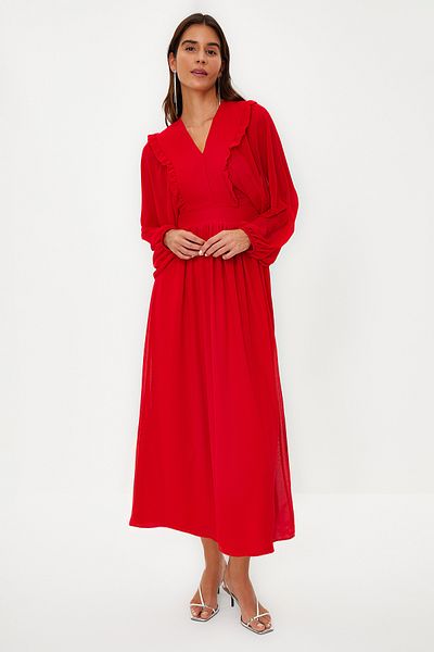 Trendyol Modest Rotes, minimal gemustertes, mit Chiffon gefüttertes Webkleid TCTSS24EB00035