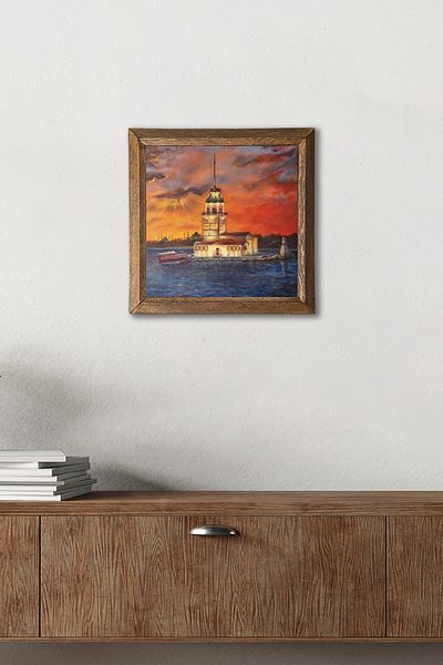Pinecone Istanbul Maiden's Tower Stone Wall Painting Wooden Framed Wall Decor Wall Art 25x25cm