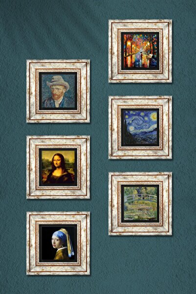 Pinecone Inci Küpeli Kız, Claude Monet, Da Vinci, Van Gogh, Fenerler Tablosu Taş Tablo Çerçeveli Duvar Dekoru